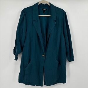 Torrid Teal Studio Linen Blend Woven Blazer Jacket 3/4 Sleeve Pockets Plus 3X